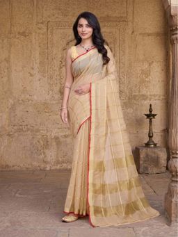 Anjaneya Sarees - Beige Designer Cotton Silk Kanjivaram Saree with Unstitched Blouse