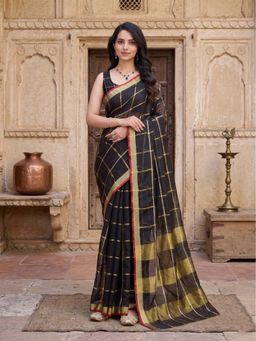 Anjaneya Sarees - Black Designer Cotton Silk Kanjivaram Saree with Unstitched Blouse
