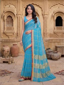 Anjaneya Sarees - Blue Designer Cotton Silk Kanjivaram Saree with Unstitched Blouse