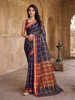 Anjaneya Sarees - Navy Blue Designer Cotton Silk Kanjivaram Saree with Unstitched Blouse