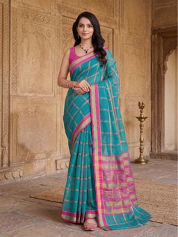 Anjaneya Sarees - Teal Designer Cotton Silk Kanjivaram Saree with Unstitched Blouse