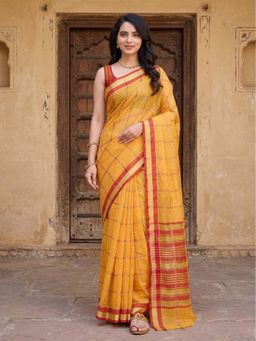 Anjaneya Sarees - Yellow Designer Cotton Silk Kanjivaram Saree with Unstitched Blouse