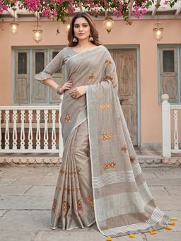 Sutriti - Women Brown Linen Saree with Unstitched Blouse