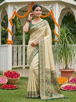 Sutriti - Elegant Cream and Green Soft Silk Kanjivaram Style Saree with Unstitched Blouse