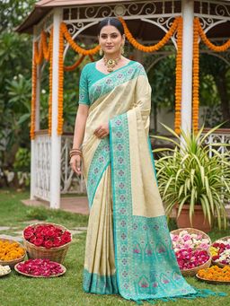 Sutriti - Elegant Cream and Turquoise Silk Kanjivaram Style Saree with Unstitched Blouse