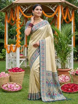 Sutriti - Elegant Cream and Teal Soft Silk Kanjivaram Style Saree with Unstitched Blouse