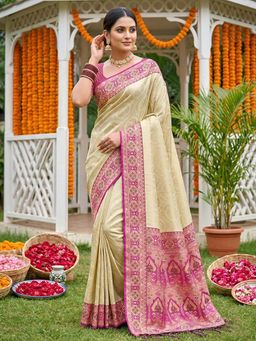 Sutriti - Elegant Cream and Magenta Silk Kanjivaram Style Saree with Unstitched Blouse