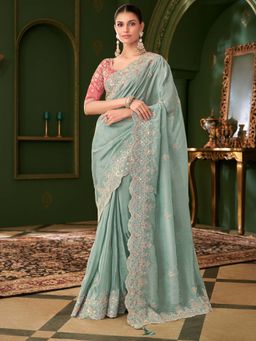 Akhilam - Women's Viscose Light Green Embroidered Party Wear Saree with Unstitched Blouse
