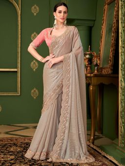 Akhilam - Women's Satin Beige Embroidered Party Wear Saree with Unstitched Blouse