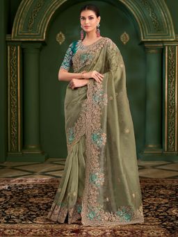 Akhilam - Women's Tissue Light Green Embroidered Party Wear Saree with Unstitched Blouse