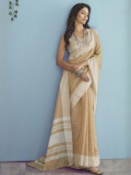 Sutriti - Mustard Beige Linen Saree with Unstitched Blouse for Women