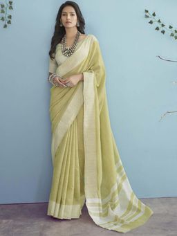 Sutriti - Olive Green Linen Saree with Unstitched Blouse for Women