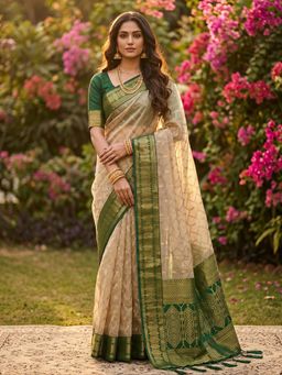 Sutriti - Elegant Linen Beige Saree with Unstitched Blouse