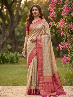 Sutriti - Elegant Linen Beige Saree with Unstitched Blouse
