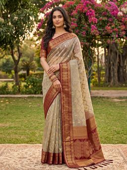 Sutriti - Elegant Linen Beige Saree with Unstitched Blouse