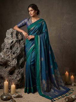 Sutriti - Teal Blue Soft Silk Saree for Women with Navy Unstitched Blouse