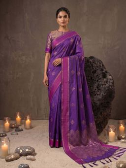 Sutriti - Violet Soft Silk Saree for Women with Blue Unstitched Blouse