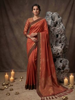 Sutriti - Rust Soft Silk Saree for Women with Rust Unstitched Blouse