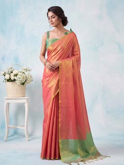 Sutriti - Women Coral Peach and Green Tissue Silk Saree with Unstitched Blouse