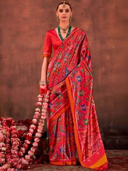 Sareemall - Women's Soft Silk Red Digital Printed Patola Saree with Unstitched Blouse