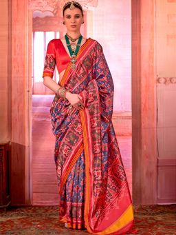 Sareemall - Women's Soft Silk Blue Digital Printed Patola Saree with Unstitched Blouse