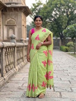 Anjaneya Sarees - Green Designer Linen Floral Printed Saree with Unstitched Blouse