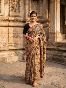 Anjaneya Sarees - Brown Designer Linen Paisley Printed Saree with Unstitched Blouse
