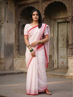 Anjaneya Sarees - White Designer Linen Printed Saree with Unstitched Blouse