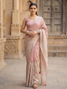 Anjaneya Sarees - Peach Designer Linen Printed Saree with Unstitched Blouse
