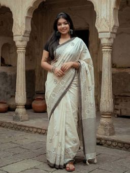 Anjaneya Sarees - White Designer Linen Typography Printed Saree with Unstitched Blouse