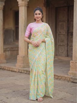 Anjaneya Sarees - Green Designer Linen Printed Saree with Unstitched Blouse