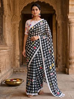 Anjaneya Sarees - Black Designer Linen Printed Saree with Unstitched Blouse