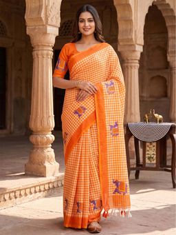 Anjaneya Sarees - Orange Designer Linen Printed Saree with Unstitched Blouse