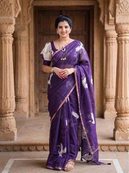 Anjaneya Sarees - Purple Designer Linen Printed Saree with Unstitched Blouse