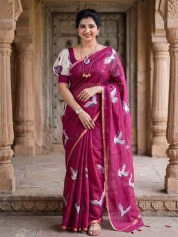 Anjaneya Sarees - Pink Designer Linen Printed Saree with Unstitched Blouse