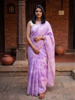 Anjaneya Sarees - Purple Designer Linen Printed Saree with Unstitched Blouse