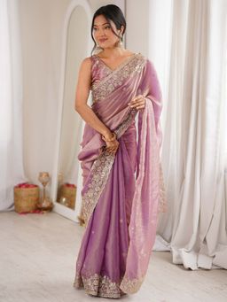 Akhilam - Women's Satin Lavender Embellished Party Wear Saree with Unstitched Blouse
