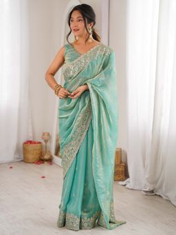Akhilam - Women's Satin Light Blue Embellished Party Wear Saree with Unstitched Blouse