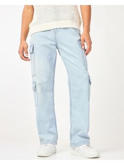 Bewakoof - Men's Light Blue Baggy Fit Washed Cargo Mid-Rise Jeans