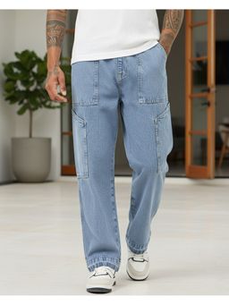 Bewakoof - Men's Blue Washed Straight Fit Cargo Mid-Rise Jeans