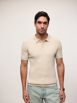 Dennis Lingo - Men Cream Cotton Textured Relaxed Polo T-Shirt