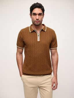 Dennis Lingo - Men Brown Cotton Textured Relaxed Polo T-Shirt