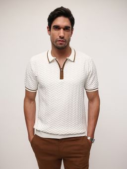 Dennis Lingo - Men Off White Cotton Textured Relaxed Polo T-Shirt