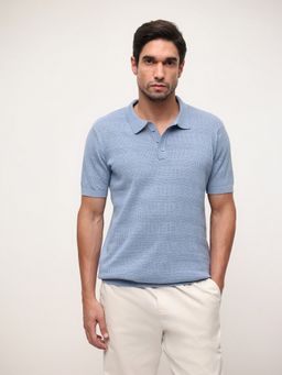 Dennis Lingo - Men Blue Cotton Textured Relaxed Polo T-Shirt