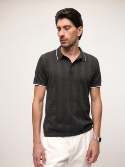 Dennis Lingo - Men Grey Cotton Textured Relaxed Polo T-Shirt