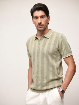 Dennis Lingo - Men Olive Cotton Textured Relaxed Polo T-Shirt