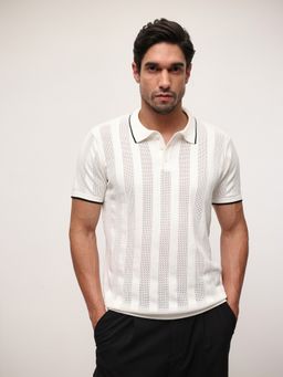 Dennis Lingo - Men Off White Cotton Textured Relaxed Polo T-Shirt