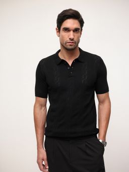 Dennis Lingo - Men Black Cotton Textured Relaxed Polo T-Shirt