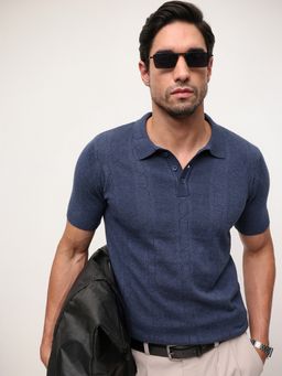 Dennis Lingo - Men Navy Blue Cotton Textured Relaxed Polo T-Shirt