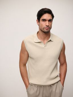 Dennis Lingo - Men Cream Cotton Textured Relaxed Polo T-Shirt